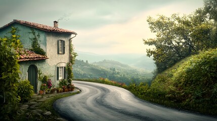 Picturesque winding road leading through an idyllic rustic village nestled in a mountainous countryside landscape  The traditional homes lush foliage