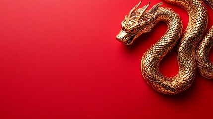 Obraz premium Golden dragon figurine on red background.