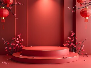 Opulent round platform on a red background, perfect for showcasing products during the Chinese New Year celebration, generative ai
