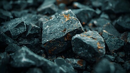 Rugged Dark Gray Stones and Pebbles in Closeup Detail Outdoor Natural Background with Rough Grungy Weathered Surface Texture