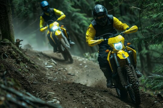 Two motorcyclists riding in dense forest path. Neural network AI generated