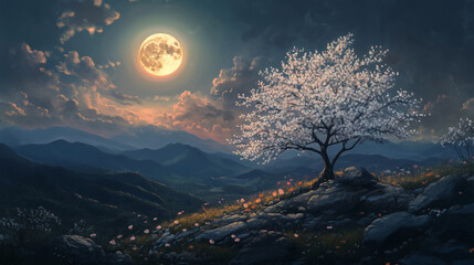 painting style illustration, full moon night shine over flower blossom tree with nature landscape