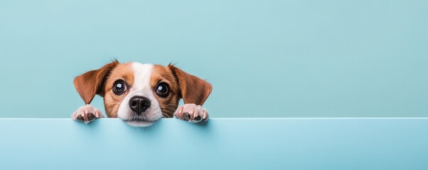 Dog playtime routines concept Curious puppy peeking over a blue surface.