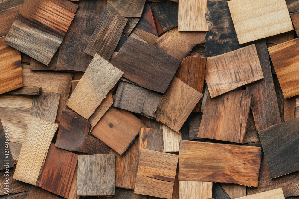 Poster various wooden veneer samples in different shades and textures, arranged in a random overlapping pat