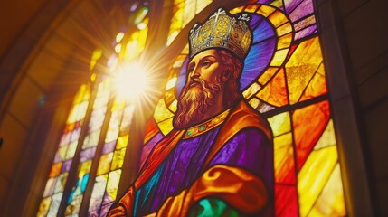 Obraz premium A church stained glass window depicting St. Ambrose, bathed in radiant light and bold, intricate colors