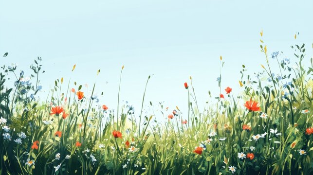 Watercolor Meadow with Poppies and Wildflowers, Soft Pastel Spring Landscape.