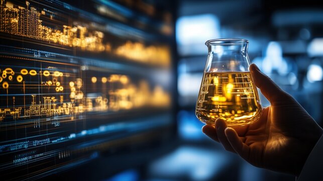 Laboratory researcher analyzing chemical compounds in a glass beaker with digital data displayed on screens - Powered by Adobe