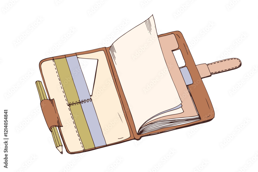 Poster open notebook, organizer. paper planner, business diary with pencil, bookmarks and dividers. notepad