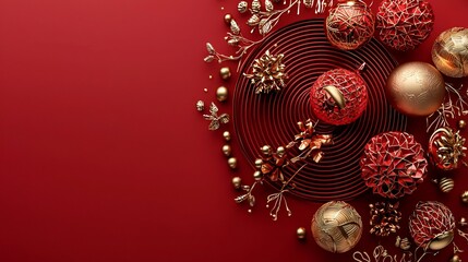 Red and gold Christmas ornaments arranged on a red background.