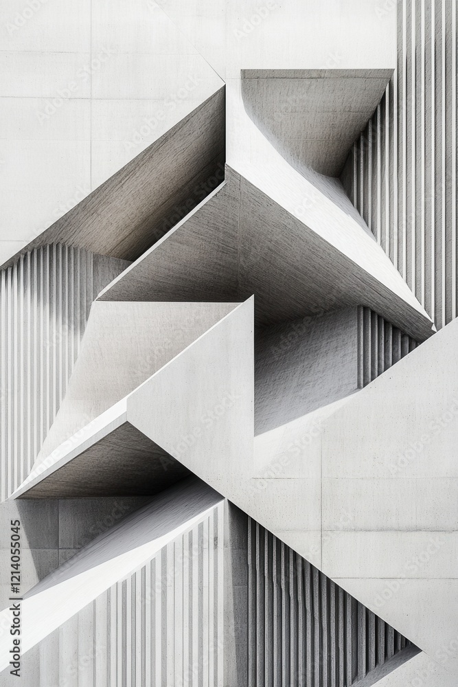 Aufkleber abstract geometric concrete facade with striated panels and angular projections.