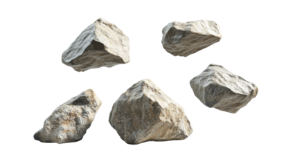 The image shows five irregularly shaped, light-grey rocks seemingly floating against a black background.