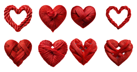 Red heart-shaped decorations made from rope isolated on transparent background