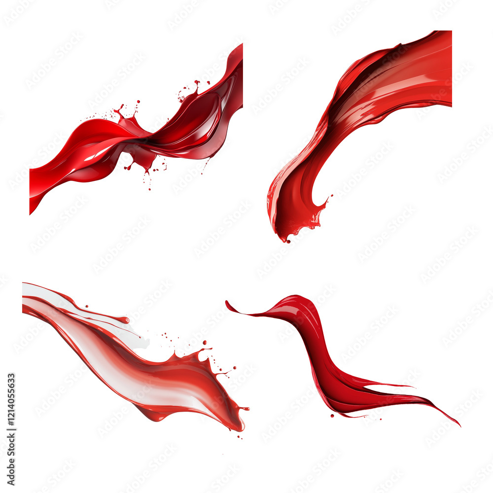 Poster The image showcases four dynamic abstract compositions of red liquid splashes and flows against a white background.
