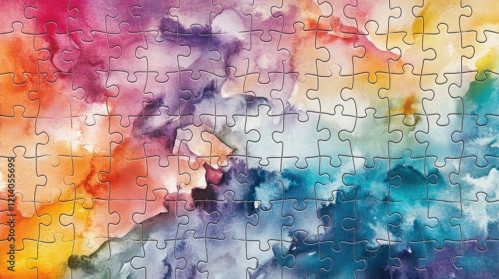 Poster a colorful puzzle layout with textured watercolor effects and abstract design elements