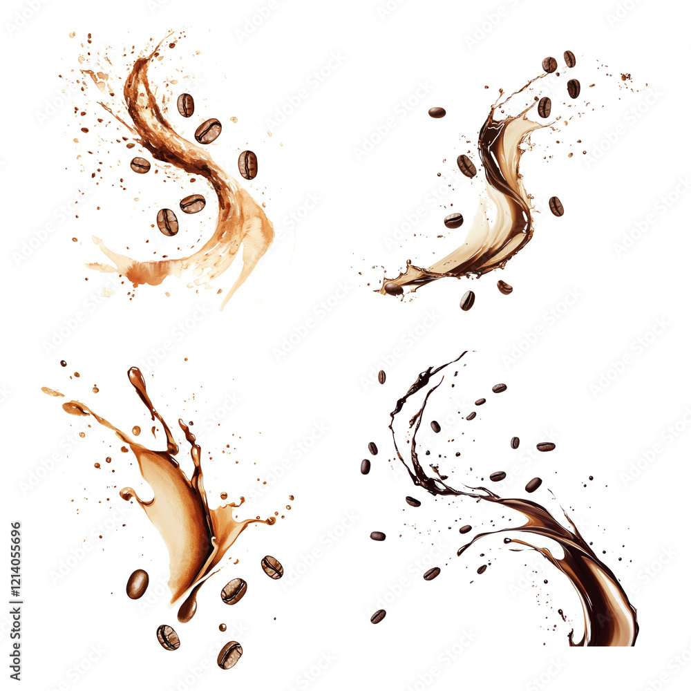 Aufkleber An artistic image showcasing four dynamic splashes of coffee with scattered beans, creating a visually engaging composition.
