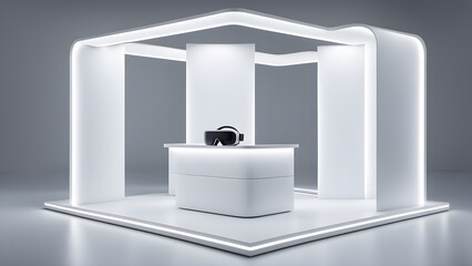 Modern minimalist white exhibition booth with integrated LED lighting showcasing a virtual reality headset.