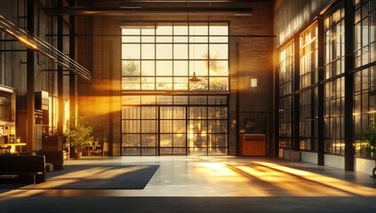 A modern warehouse with large glass doors and steel cladding, illuminated by the golden rays of sunset,