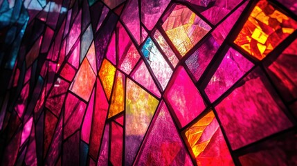 A colorful blend of pink hues in stained glass, forming intricate geometric shapes illuminated by natural light