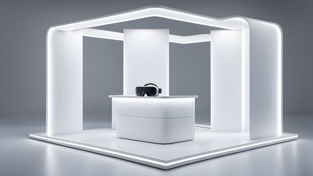 Modern minimalist white exhibition booth with integrated LED lighting showcasing a virtual reality headset.