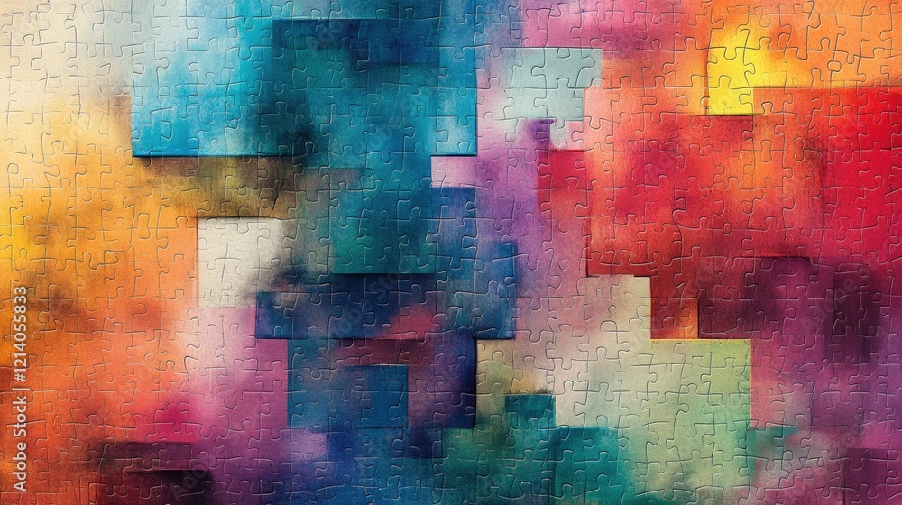 Aufkleber a colorful puzzle layout with textured watercolor effects and abstract design elements