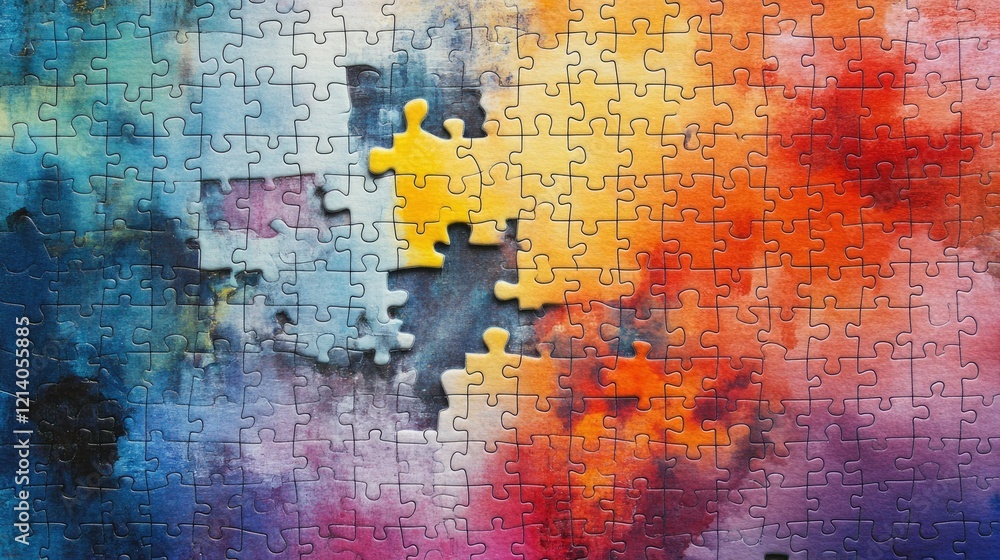 Poster a colorful puzzle layout with textured watercolor effects and abstract design elements