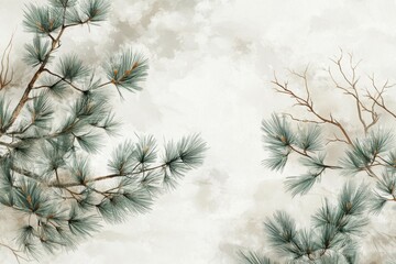 Delicate Watercolor Pine Branches on Soft Textured Background, Minimalist Botanical Design.