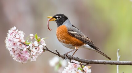 American robin perched on a branch with a worm in its beak during spring.
