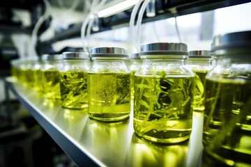 Jars containing medical marijuana plants growing in a laboratory setting under lights