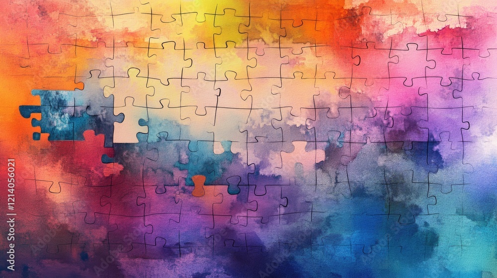 Poster a colorful puzzle layout with textured watercolor effects and abstract design elements