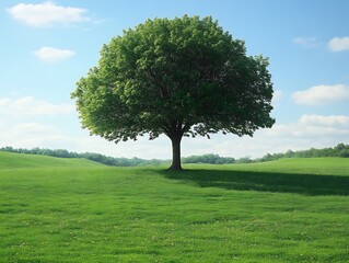 Obraz premium Solitary Green Tree in a Serene Meadow: Peaceful Pastoral Landscape