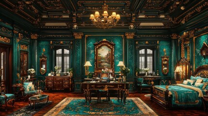 Obraz premium Opulent Teal and Gold Bedroom Interior with Glittering Accents