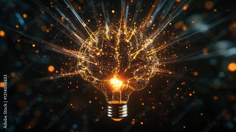 Poster a creative concept showing a brain emitting rays of light, forming a light bulb in a tech-inspired d