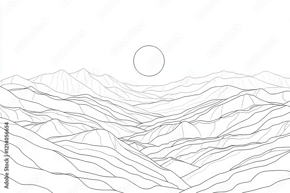 Poster a minimalistic landscape background featuring an abstract mountain range and a sun, depicted with si