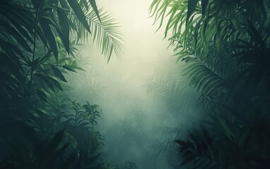 Mystical Foggy Jungle Scene with Lush Green Palm Leaves and Dense Foliage.