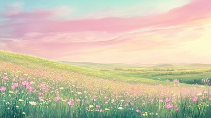 Dreamy Pastel Meadow Landscape with Pink and White Wildflowers and Rolling Hills under a Soft Sky.