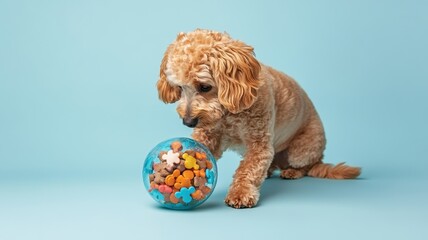 Dog playtime routines concept Dog playing with a colorful treat ball on a blue background.