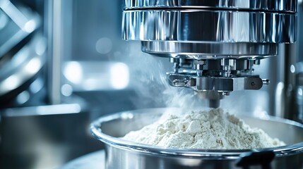 Industrial mixer blending white powder in a stainless steel bowl with a modern factory backdrop