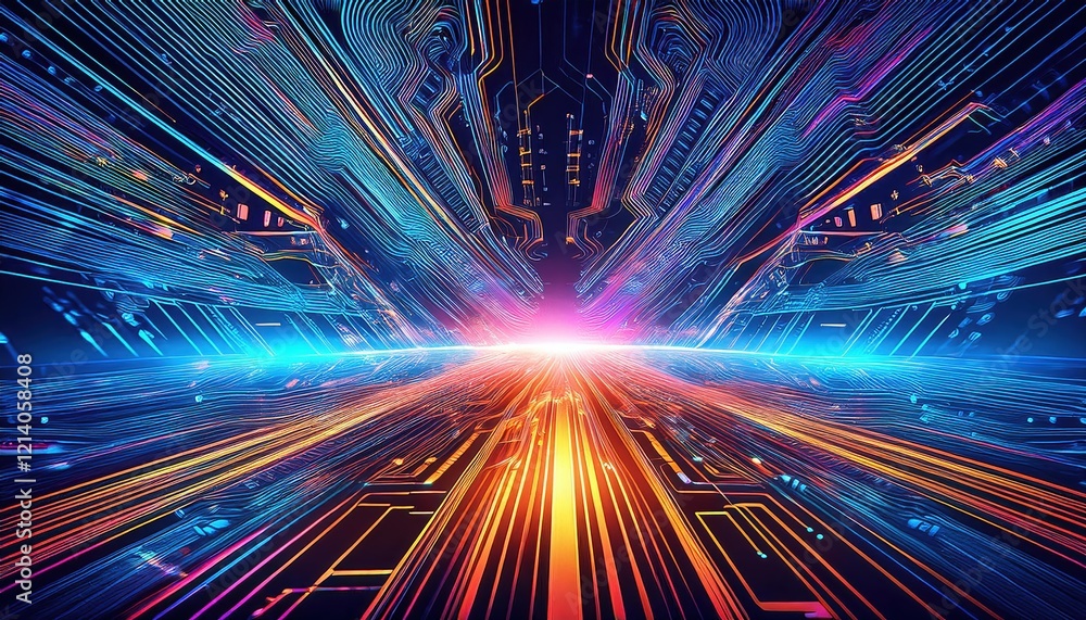 Poster futuristic technology background featuring glowing data streams and circuit patterns