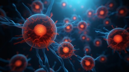 Microscopic view of red and blue cells displaying intricate structures in a dark environment during a scientific study