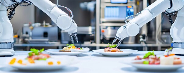 Robotic arms preparing food in a modern kitchen with a focus on automation and technology