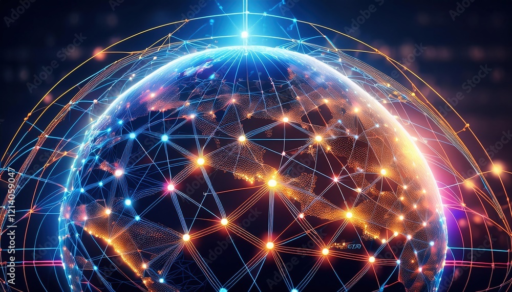 Poster glowing globe with interconnected lines representing global business