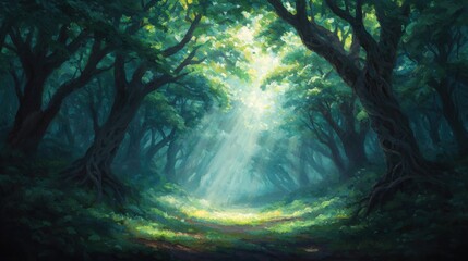 Sunbeams Illuminate Mystical Forest Path
