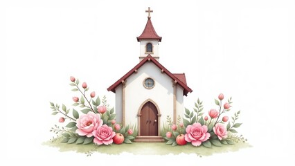 Charming little church surrounded by blooming flowers in a serene landscape setting