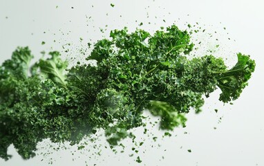 Obraz premium Kale leaves flying with deep green splashes.