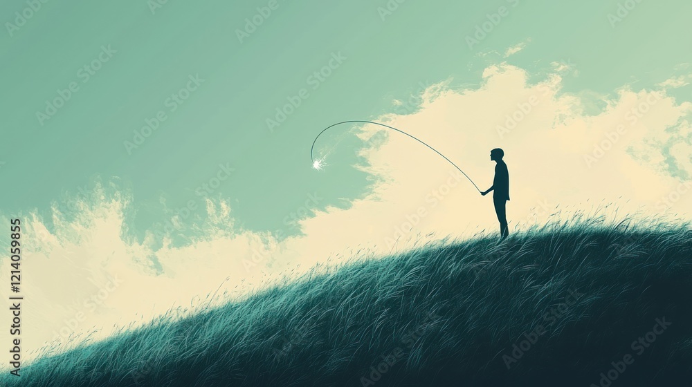 Poster an abstract image of a person standing on a hill, letting go of a string that drifts into the wind, 