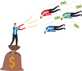 Customer acquisition cost or CAC, marketing expense on customer retention, advertising cost for lead generation, businessman uses magnets with dollar costs to attract customers