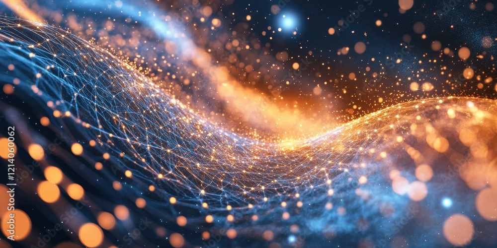 Poster abstract digital network connection with glowing particles and dynamic light effects.