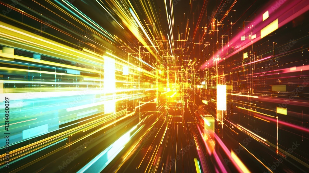 Poster an abstract image of bright light streaks and geometric shapes representing the flow of innovation a