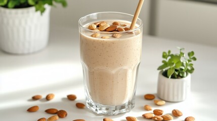 A creamy almond smoothie topped with whole almonds, served in a clear glass with a bamboo straw, placed on a bright white table with green plants in the background