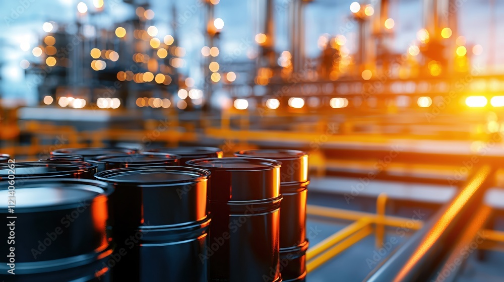 Poster industrial scene with black barrels and blurred lights in background creating a moody atmosphere